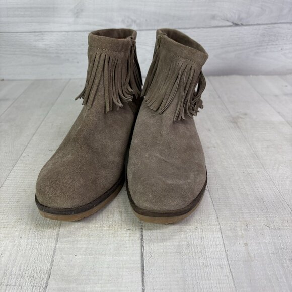 Lucky Brand GALLEY Taupe Leather Suede Low Heel Fringe Zip Ankle Boots Sz 8.5 M - Picture 8 of 16